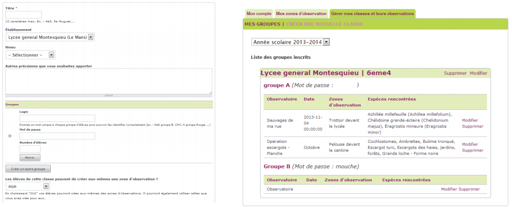 gérer mes classes et leurs observations 